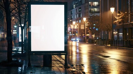 Blank white street billboard vertical advertising stand in the street at night - obrazy, fototapety, plakaty