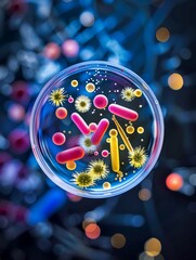Fototapeta na wymiar A petri dish with colorful colonies of bacteria, illuminated under a microscope, symbolizing food microbiologys unseen world , hyper realistic