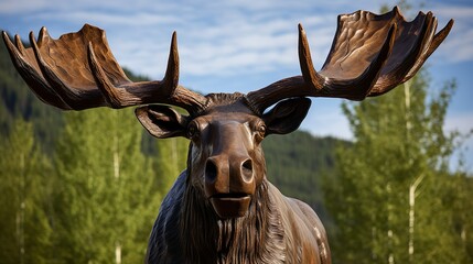 A stunning close-up image of a detailed bronze moose statue with impressive antlers set against a backdrop of lush green trees