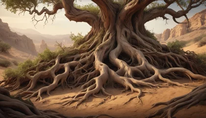 Fotobehang A powerful image of a solitary ancient tree with an intricate network of twisted roots sprawling across the desert terrain © video rost