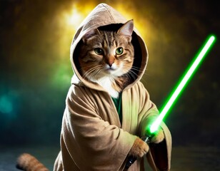 Funny cat in Jedi robe clothes and with a lightsaber, cute pet for background, poster, print, design card, banner, flyer - obrazy, fototapety, plakaty