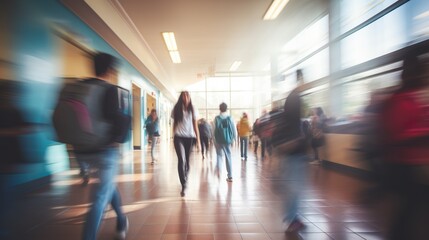 A dynamic image portraying students on the move inside a school corridor with streaming sunlight