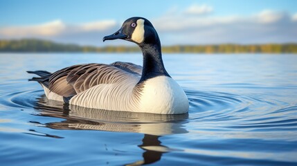Close-up shot of a Canada Goose with detailed feather patterns swimming on a clear blue water
