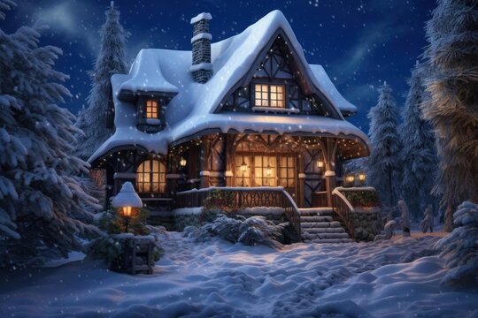 Enchanting evening scene of a snow-covered fairy-tale house in a winter forest. Christmas magic, snowy landscape, and festive illumination.