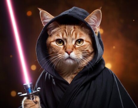 Funny cat in Jedi robe clothes and with a lightsaber, cute pet for background, poster, print, design card, banner, flyer