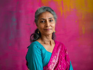 Mature Indian woman with grey hair in a teal and pink saree