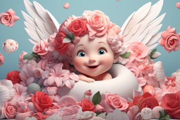 Fototapeta premium A cute and magical moment: a little angel with wings against a background of flowers and hearts, perfect for a Valentine's Day celebration.