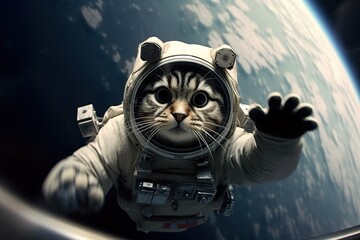 Astronaut cat floats in space. Generative ai image.