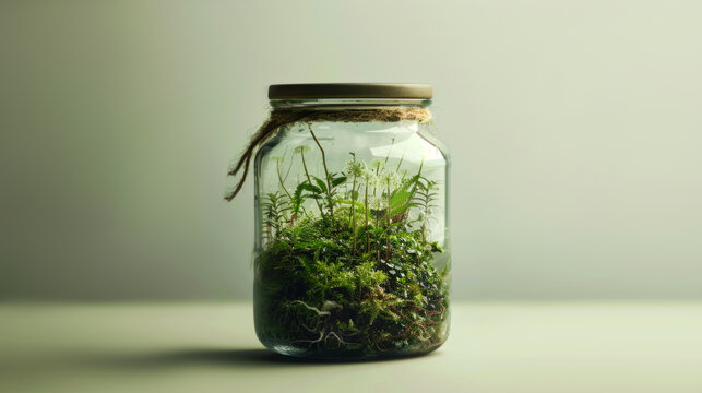 Closed terrarium with lush green plants and moss in a glass jar