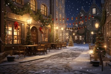 Magical winter town street at night, featuring Christmas trees, houses, and snowy landscapes.