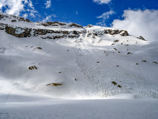 Background landscape of snow avalanche in nature in winter in the Transylvanian Alps, Romania, Europe - 780032207