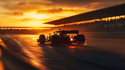Formula 1 racing car speeding on track at sunset