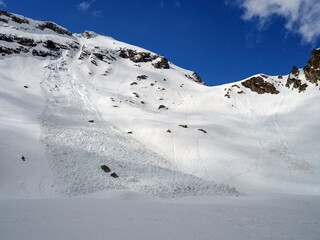 Background landscape of snow avalanche in nature in winter in the Transylvanian Alps, Romania, Europe - 780032239