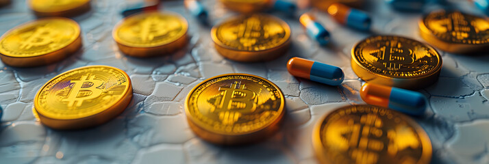 Bitcoins coins stack as pills, concept of stock market exchange or financial technology. Pills tab to don't be poor concept.