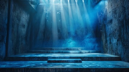 Empty stage with soft blue lighting and smoke
