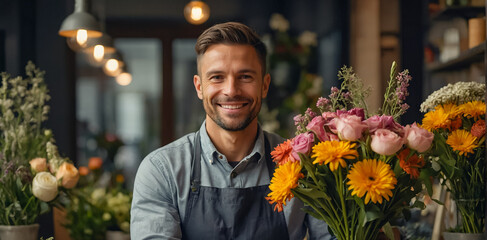 Portrait of a smiling male florist in a flower shop