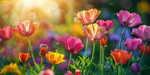 Fototapeta na wymiar Vibrant Field of Colorful Flowers Under Bright Sun