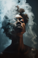 Portrait of a black woman fading and dissolving into the smoke dark background. Closed eyes. Praying and supernatural mood. Ghostly. Also related to gloomy, defeated, grieving, poignant, heartbroken