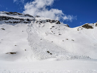 Background landscape of snow avalanche in nature in winter in the Transylvanian Alps, Romania, Europe - 780033215