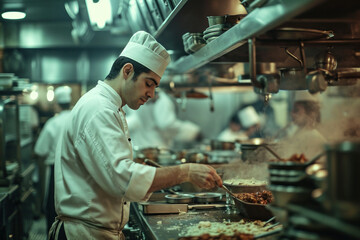 Professional chef preparing gourmet dishes in a busy commercial kitchen filled with cooking equipment