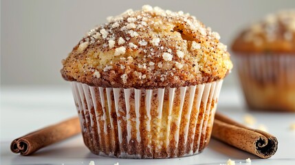Fresh apple and cinnamon muffins arranged on a white marble table. Apple muffin topped with a generous layer of cinnamon and sugar.
