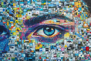 Social media icons seamlessly incorporated into a vibrant digital mosaic art composition.