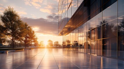 a glass building with trees and a sunset