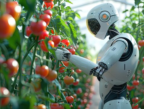 A robot farmer takes care of the tomato crop. Generative AI