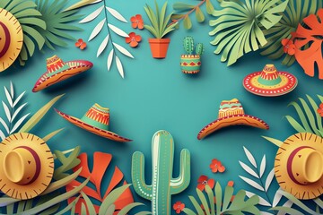 Minimalist design featuring iconic Cinco de Mayo elements, including cacti, sombreros pattern