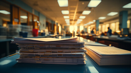 A stack of papers and documents on a table in a public building or a large office