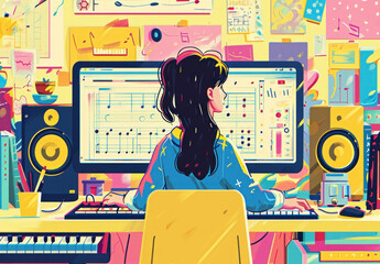 Girl enjoying music while working on computer at desk with music notes