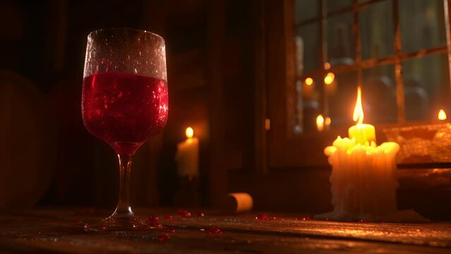 Red wine in glass with candles on wooden table