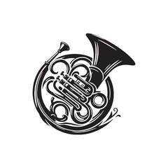 Harmonious Melodies: Captivating French Horn Silhouette, Illustrated and Vectorized with Precision, French Horn Illustration - Minimallest French Horn Vector
