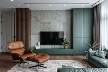 This image showcases a sleek, modern studio apartment featuring a statement dark green, wall-mounted TV cabinet, complemented by a stylish caramel leather armchair and an elegant floor lamp