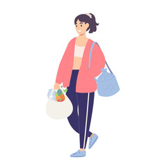 Young cheerful woman holding healthy foods and stuffs bag from grocery after went to gym. Flat vector character for healthy lifestyle, health care routine, going fitness center, good health concept. 