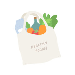 Bag full of healthy stuff with "HEALTHY FOODS" message isolated on white background. Concept of grocery, shopping, supermarket, retail shopping, reuse bag, healthy lifestyle. Flat vector illustration.