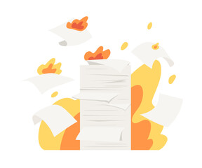 A pile of documents is burning with fire isolated on white background. Concept of urgent works, deadline, running out of time, paperwork, working, business. Flat vector illustration.
