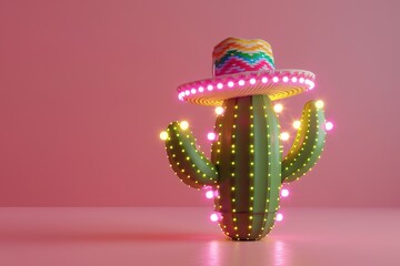 Mexican cactus in a sombrero hat on a pink background, Cinco de Mayo. Generative AI