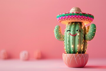 Mexican cactus in a sombrero hat on a pink background, Cinco de Mayo. Generative AI