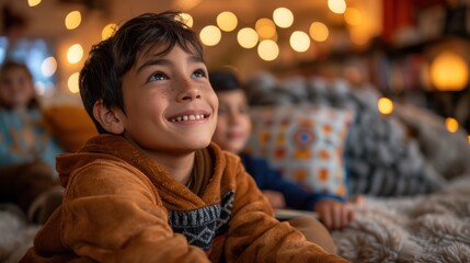 Young Boy Sitting on Top of Bed - Powered by Adobe