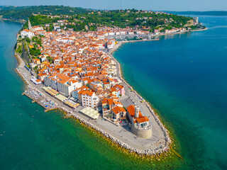 Aerial panorama view of Slovenian town Piran - obrazy, fototapety, plakaty