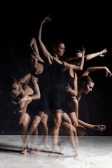 abstract female dancer dance performance dark background studio long exposure multi flash