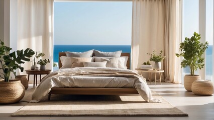 A large white sectional sofa is in a living room with a view of the ocean. The room is decorated with a variety of pillows and plants, creating a cozy and inviting atmosphere