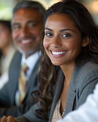 Fototapeta premium Smiling Woman Sitting Next to Man in a Suit
