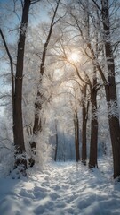 Serene snowy forest landscape with tall trees covered in snow. Branches adorned with frost, creating picturesque winter scene. Sky overcast, hinting at possible winter storm.