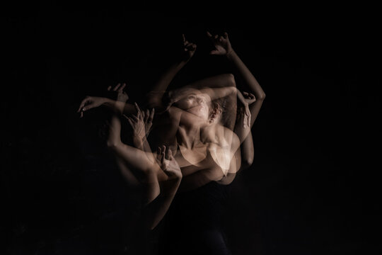 abstract female dancer dance performance dark background studio long exposure multi flash