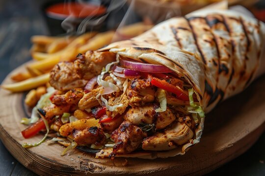 Meat and vegetable shawarma served with frice. Generative AI