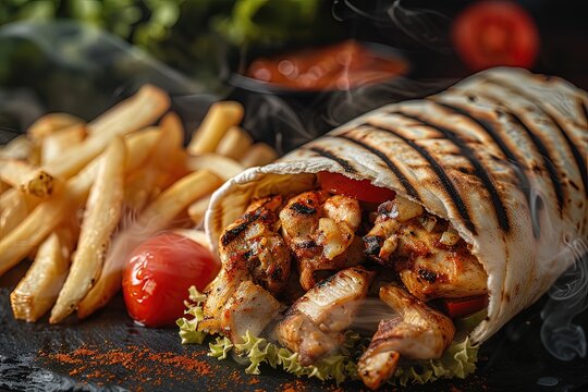 Meat and vegetable shawarma served with frice. Generative AI
