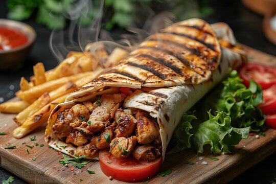 Meat and vegetable shawarma served with frice. Generative AI