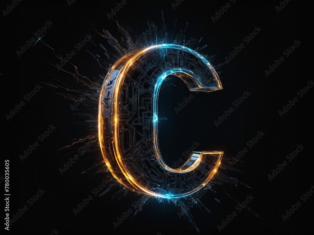 Fototapete letter c radiates with inner glow in midst of dark void, revealing complex network of mechanical, el